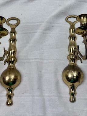 VTG Kirkland Lacquered Brass Wall Sconce Candle Stick Holders Colonial Revival 2
